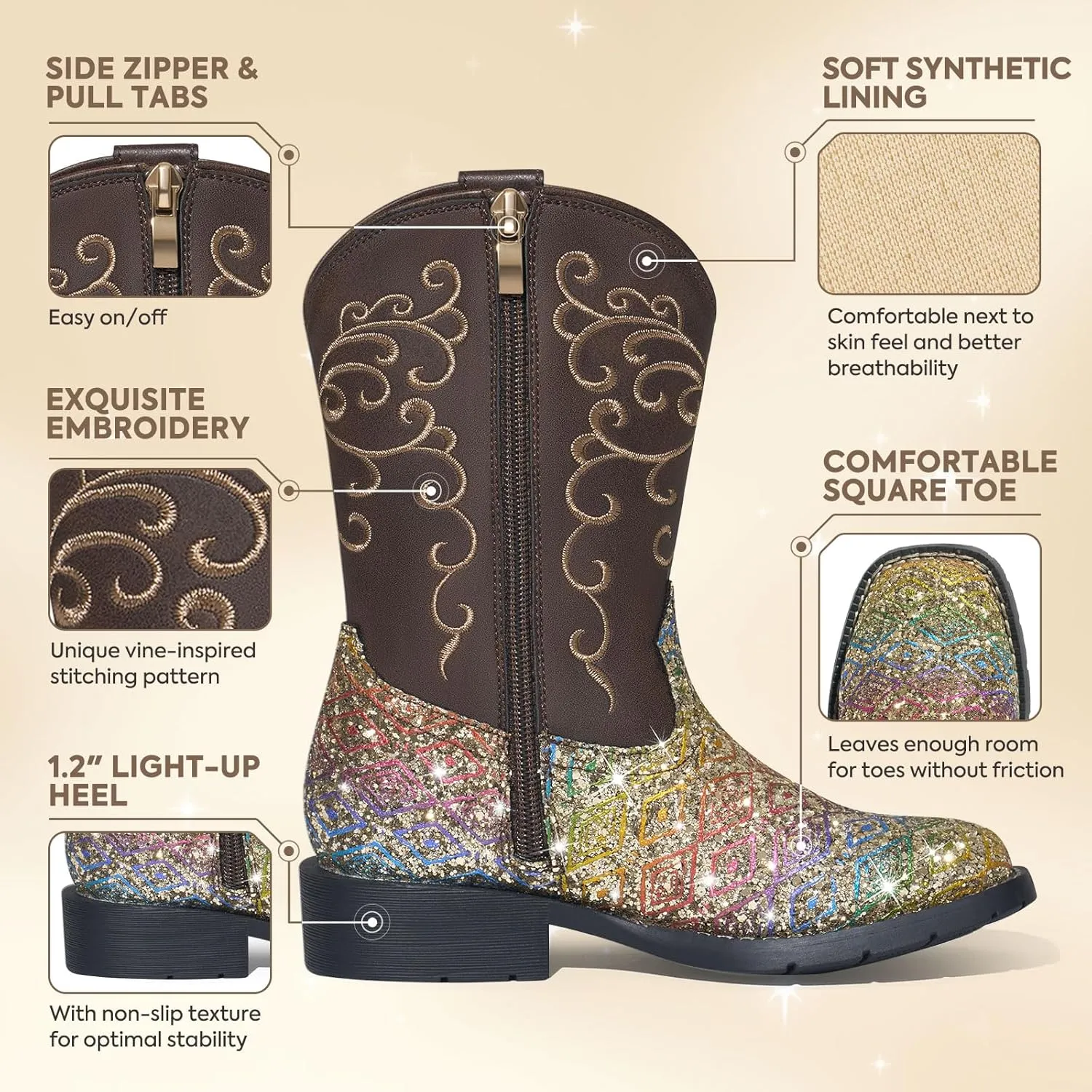 Rollda Girls Cowboy Boots Glitter Western Boots Sequin Cowgirl Boots for Girls