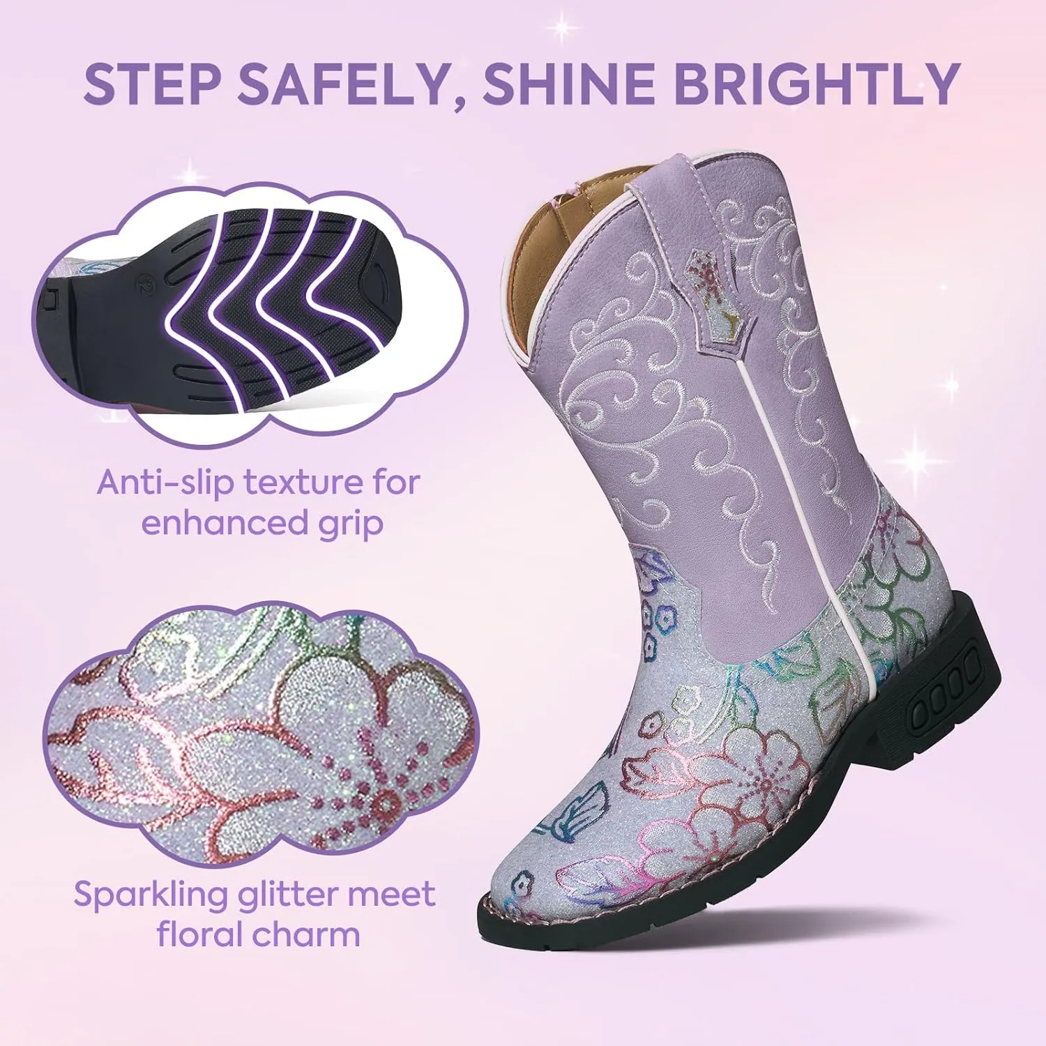 Rollda Girls Cowboy Boots Glitter Western Boots Sequin Cowgirl Boots for Girls
