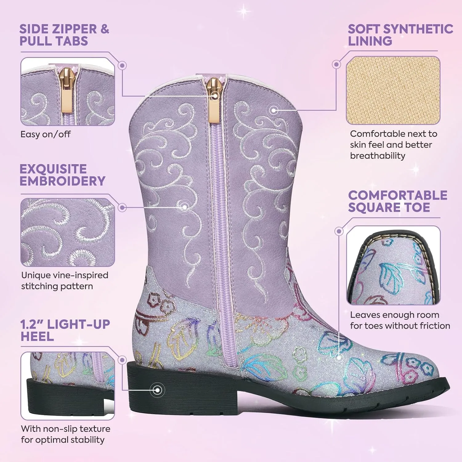 Rollda Girls Cowboy Boots Glitter Western Boots Sequin Cowgirl Boots for Girls
