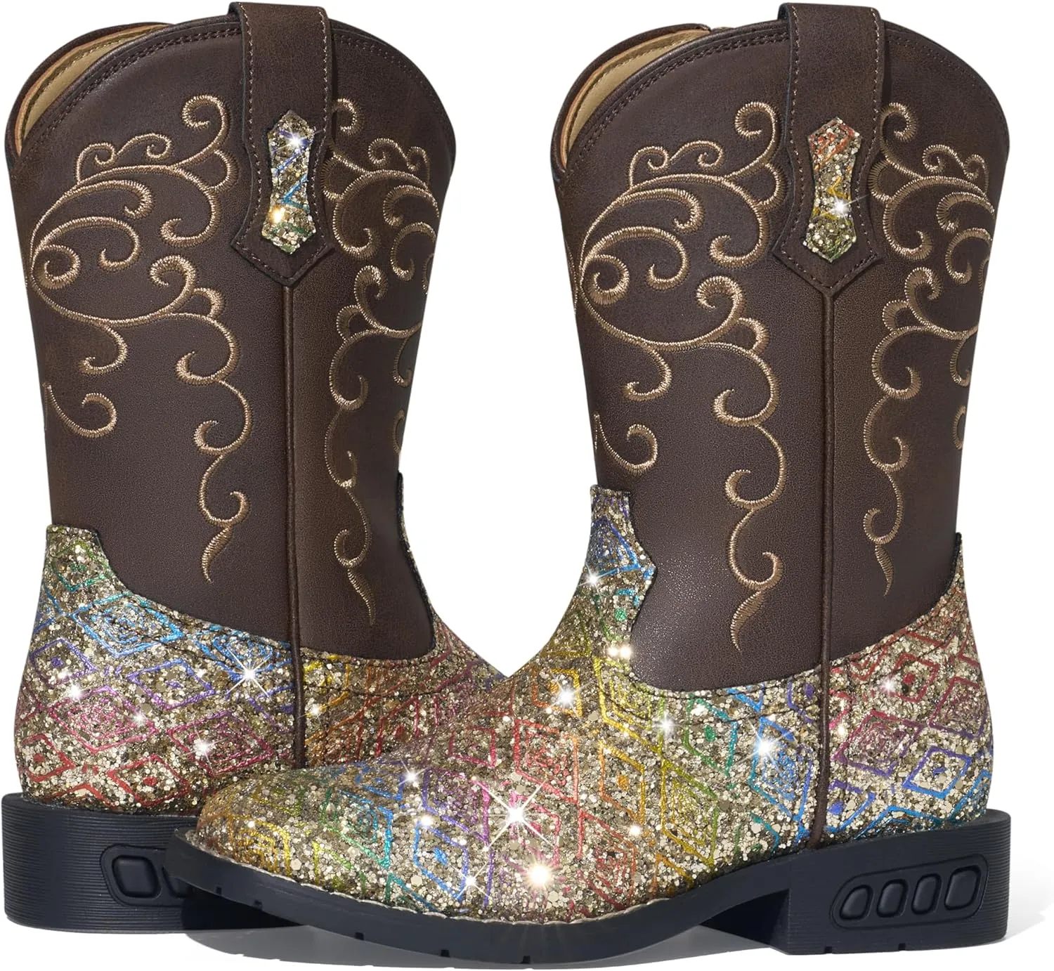 Rollda Girls Cowboy Boots Glitter Western Boots Sequin Cowgirl Boots for Girls