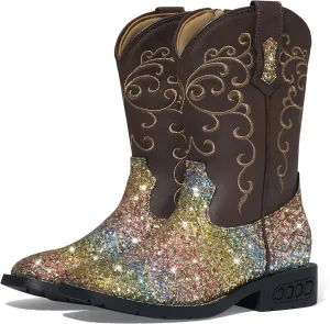 Rollda Girls Cowboy Boots Glitter Western Boots Sequin Cowgirl Boots for Girls