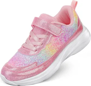 RUNSIDE Girls Glitter Sneakers Lightweight Kids Sparkle Tennis Shoes with Hook and Loop for Toddler/Little Kid/Big Kid