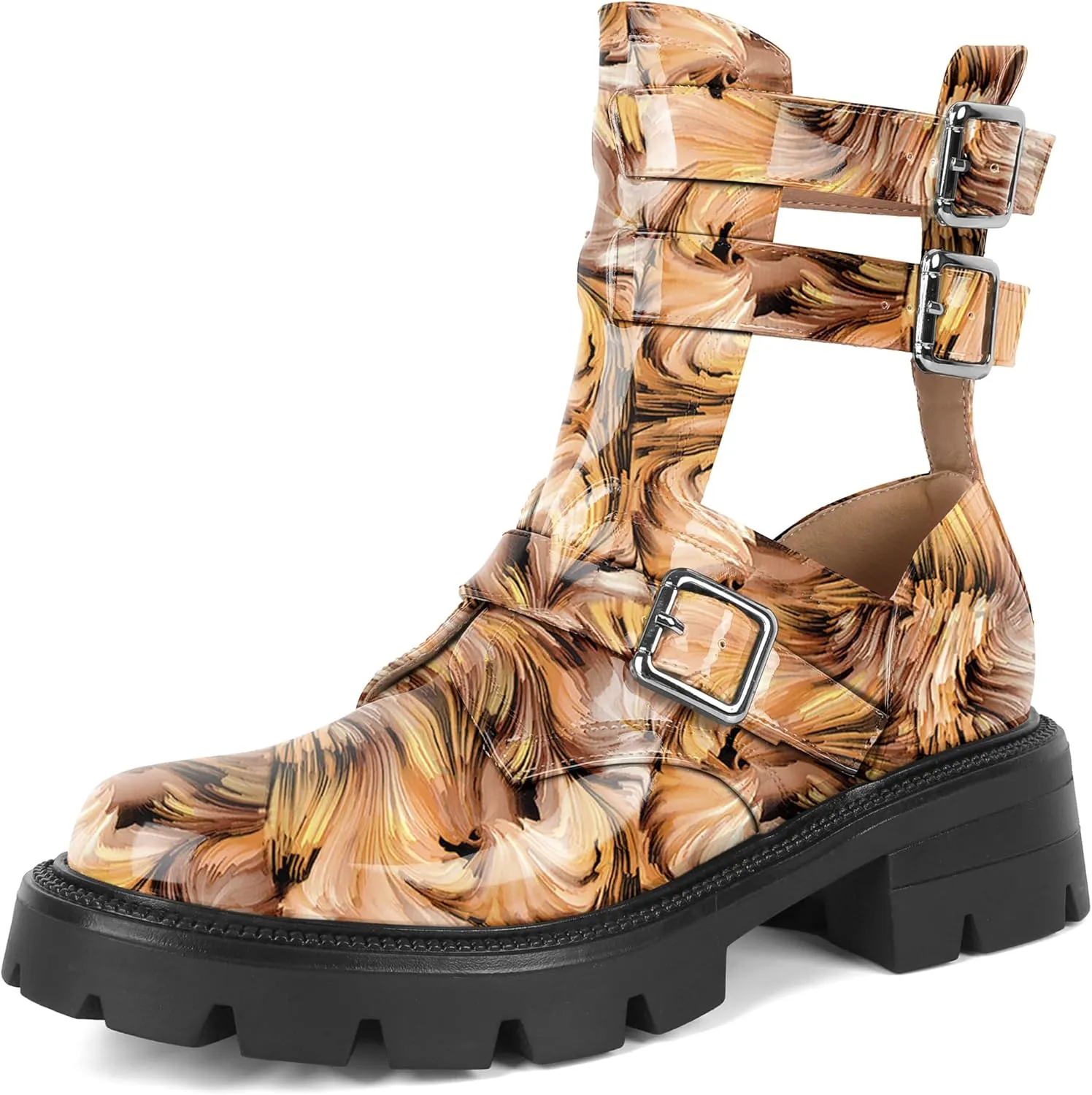 SAMMITOP Women Lug Sole Low Heel Ankle Boots Fashion Round Toe Cutout Combat Boots Metal Buckle Goth Ankle Booties 2 Inch