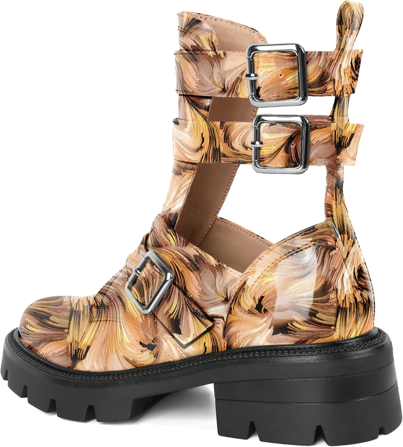 SAMMITOP Women Lug Sole Low Heel Ankle Boots Fashion Round Toe Cutout Combat Boots Metal Buckle Goth Ankle Booties 2 Inch