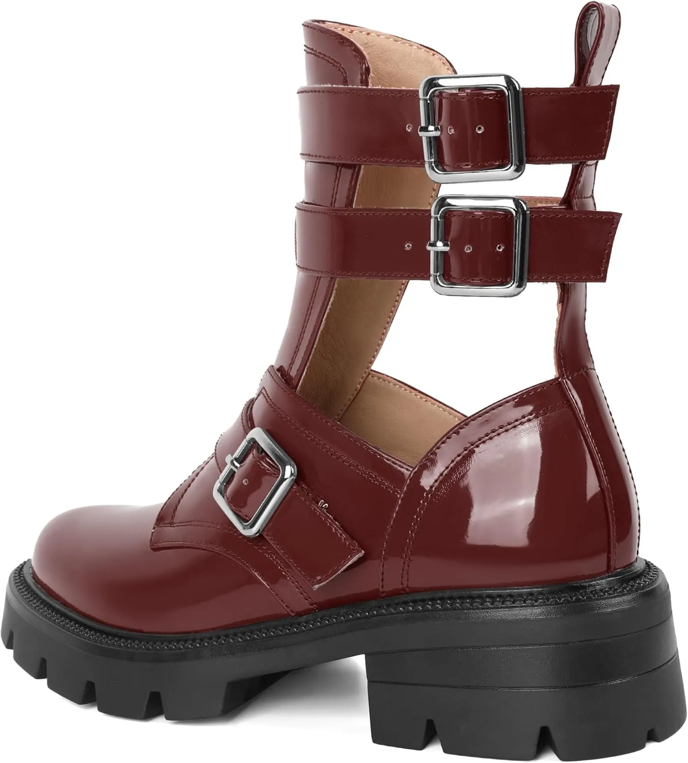 SAMMITOP Women Lug Sole Low Heel Ankle Boots Fashion Round Toe Cutout Combat Boots Metal Buckle Goth Ankle Booties 2 Inch