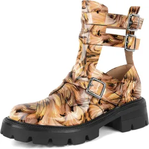 SAMMITOP Women Lug Sole Low Heel Ankle Boots Fashion Round Toe Cutout Combat Boots Metal Buckle Goth Ankle Booties 2 Inch