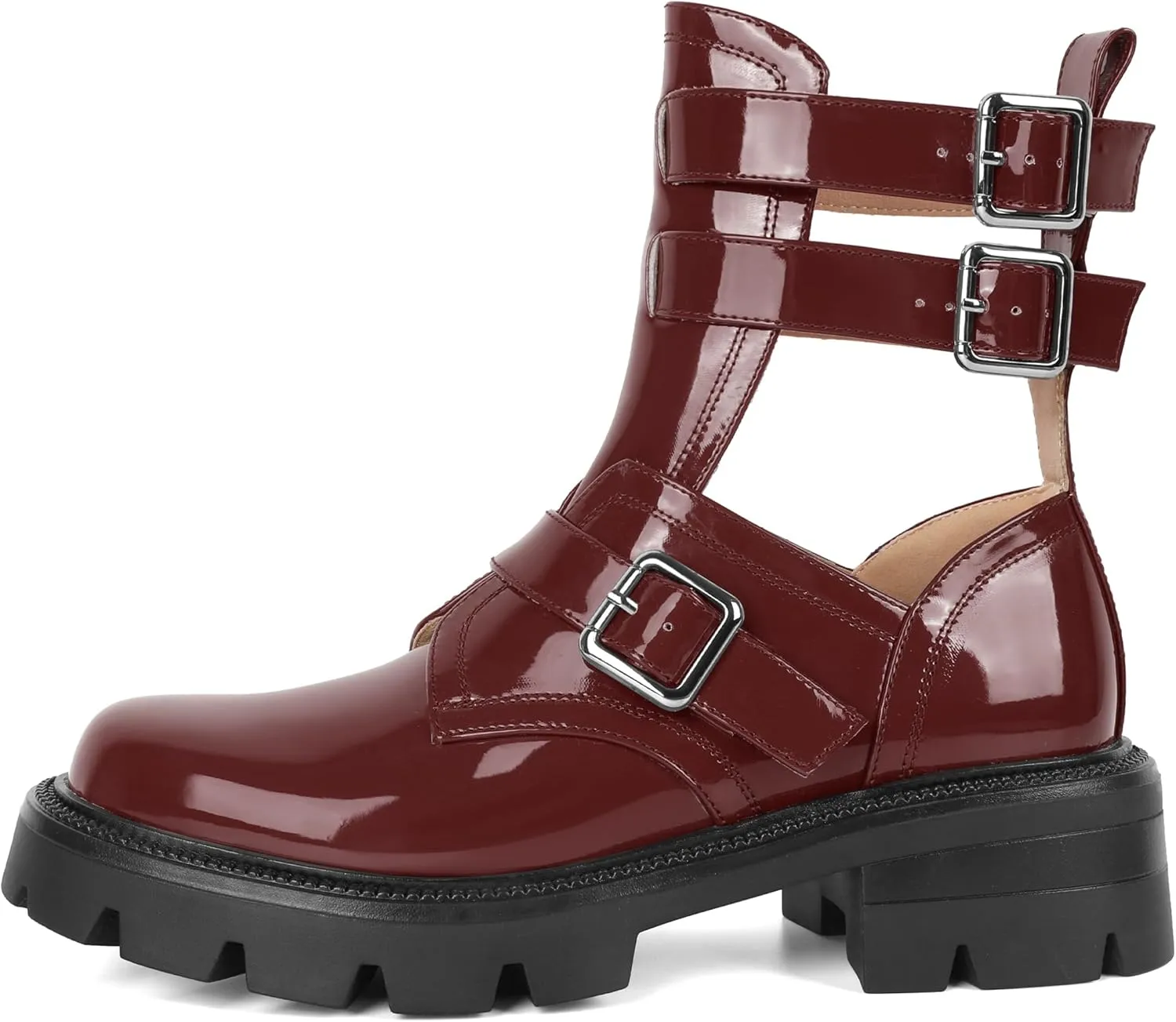 SAMMITOP Women Lug Sole Low Heel Ankle Boots Fashion Round Toe Cutout Combat Boots Metal Buckle Goth Ankle Booties 2 Inch