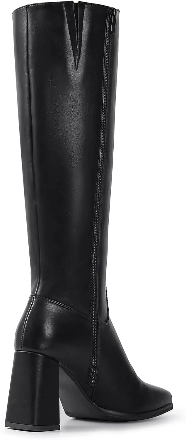 Shoe'N Tale Knee High Boots for Women Square Toe Tall Boots High Chunky Block Heeled Side Zipper