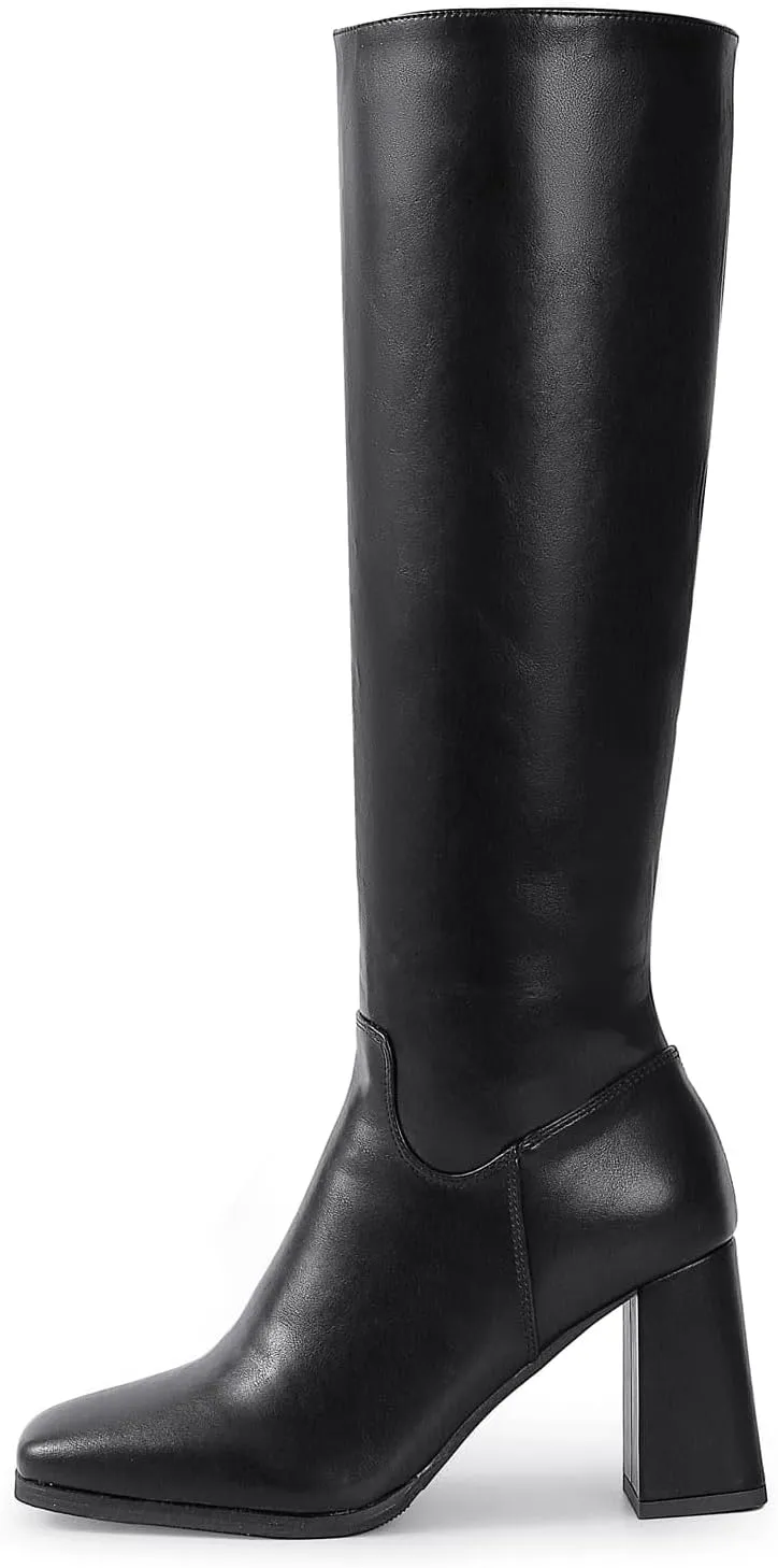 Shoe'N Tale Knee High Boots for Women Square Toe Tall Boots High Chunky Block Heeled Side Zipper