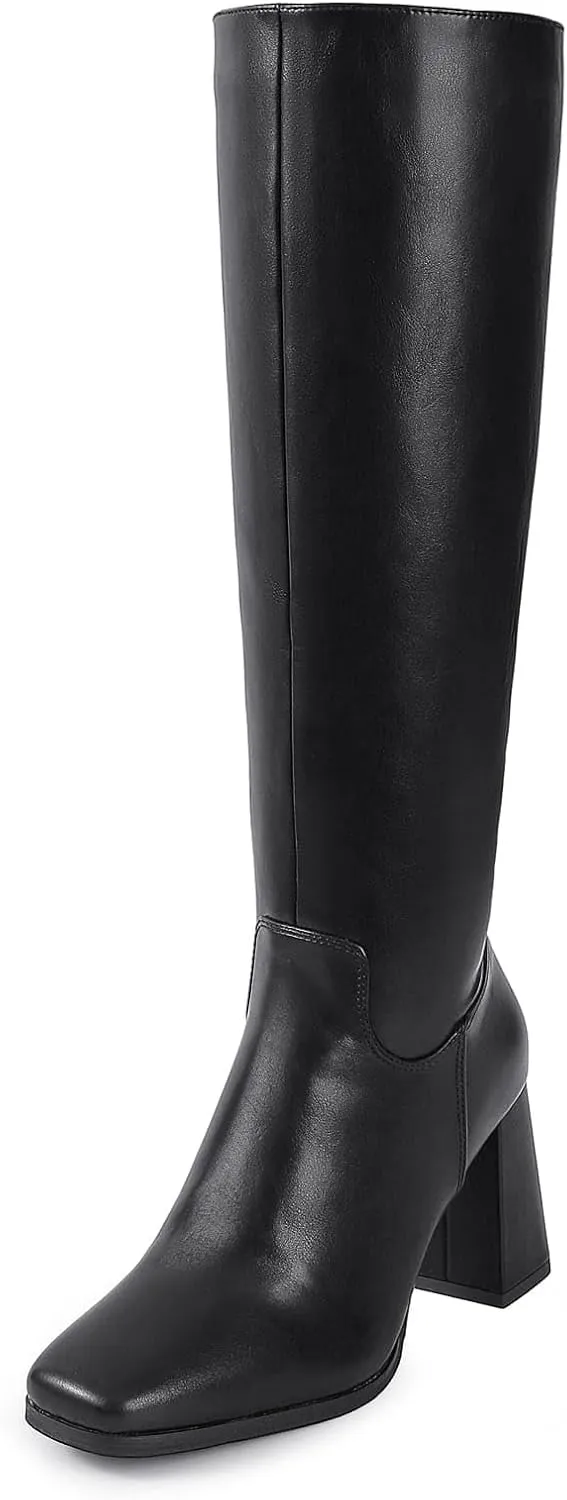 Shoe'N Tale Knee High Boots for Women Square Toe Tall Boots High Chunky Block Heeled Side Zipper
