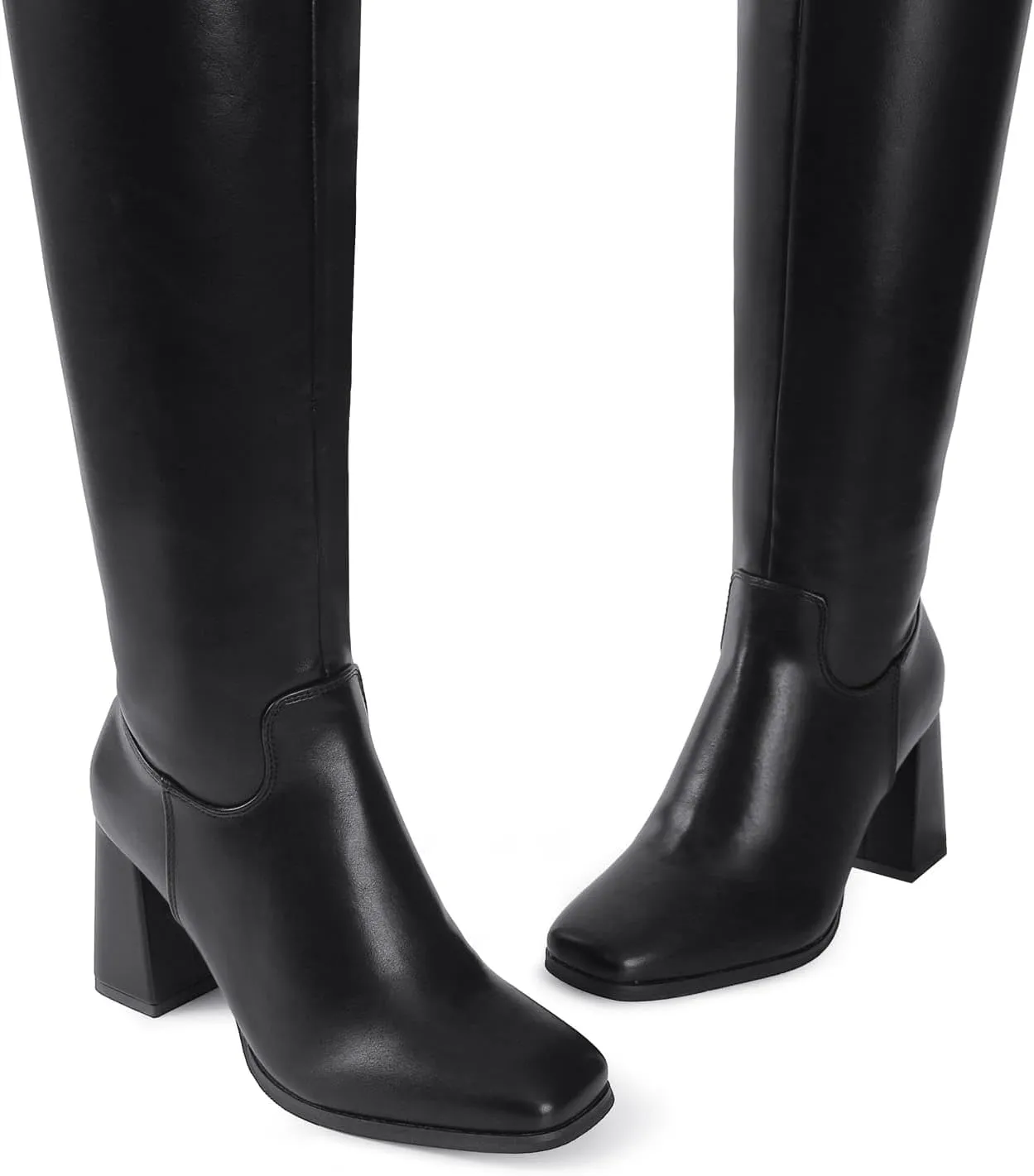 Shoe'N Tale Knee High Boots for Women Square Toe Tall Boots High Chunky Block Heeled Side Zipper