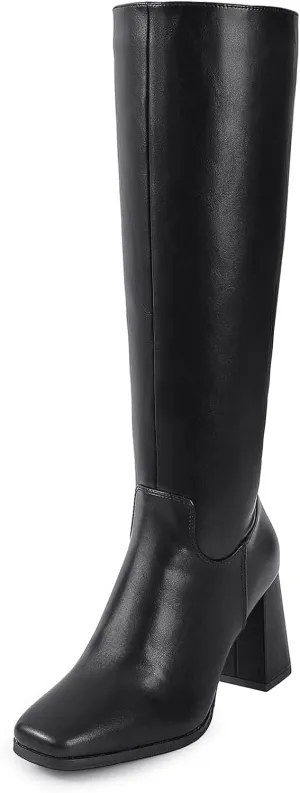 Shoe'N Tale Knee High Boots for Women Square Toe Tall Boots High Chunky Block Heeled Side Zipper