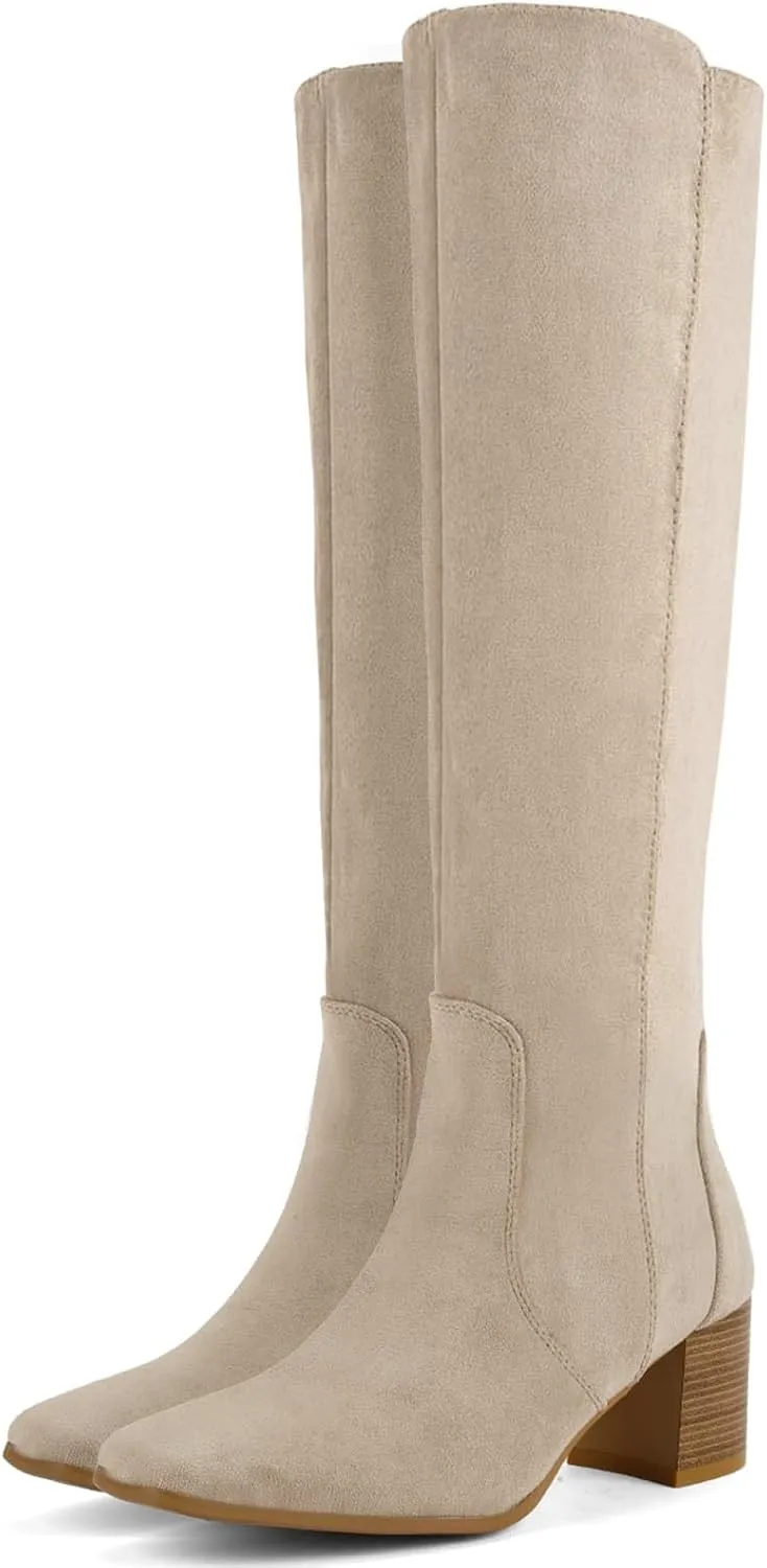 Shoe'N Tale Women's Knee High Boots Square Toe Tall Boots Mid Chunky Block Heeled Boots Side Zipper