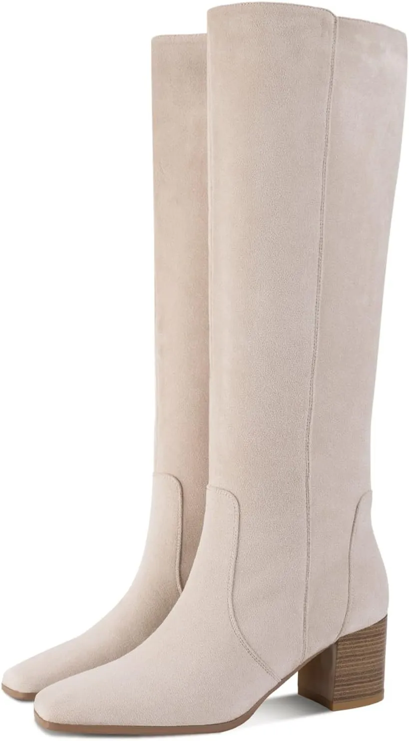 Shoe'N Tale Women's Knee High Boots Square Toe Tall Boots Mid Chunky Block Heeled Boots Side Zipper