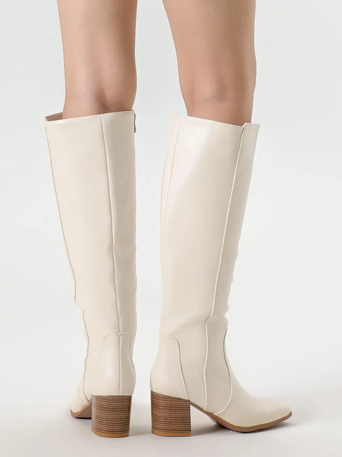 Shoe'N Tale Women's Knee High Boots Square Toe Tall Boots Mid Chunky Block Heeled Boots Side Zipper