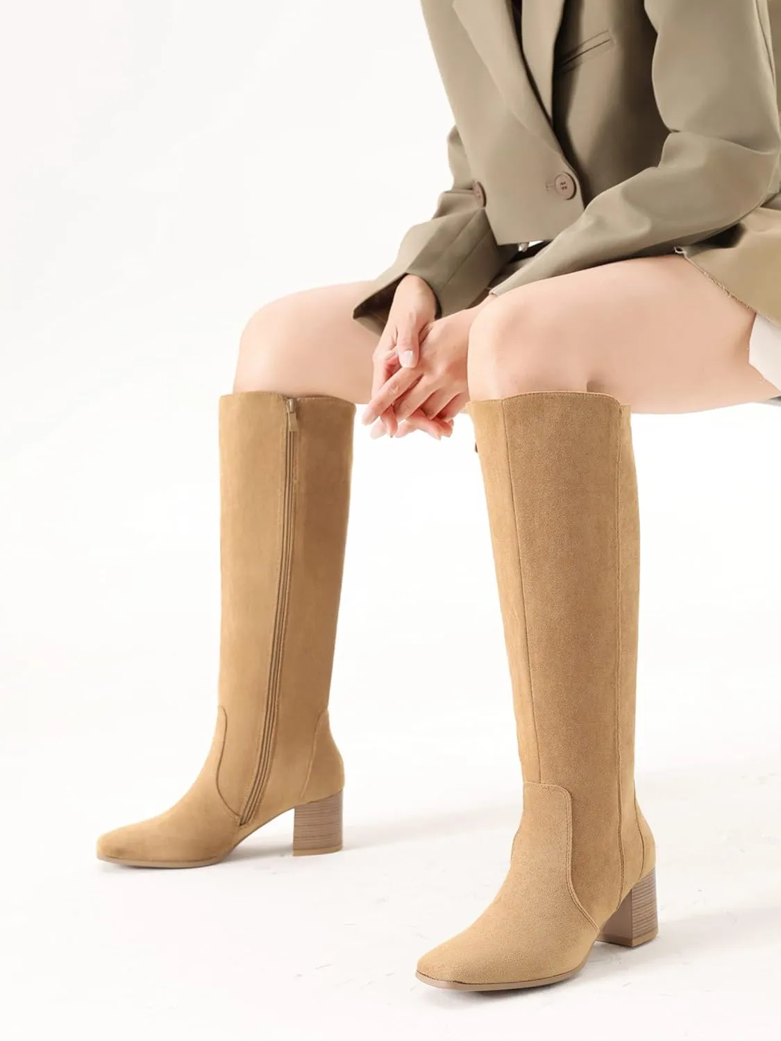 Shoe'N Tale Women's Knee High Boots Square Toe Tall Boots Mid Chunky Block Heeled Boots Side Zipper
