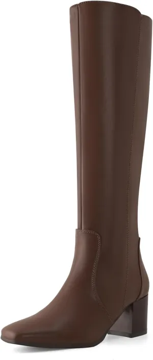 Shoe'N Tale Women's Knee High Boots Square Toe Tall Boots Mid Chunky Block Heeled Boots Side Zipper