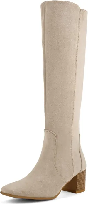 Shoe'N Tale Women's Knee High Boots Square Toe Tall Boots Mid Chunky Block Heeled Boots Side Zipper