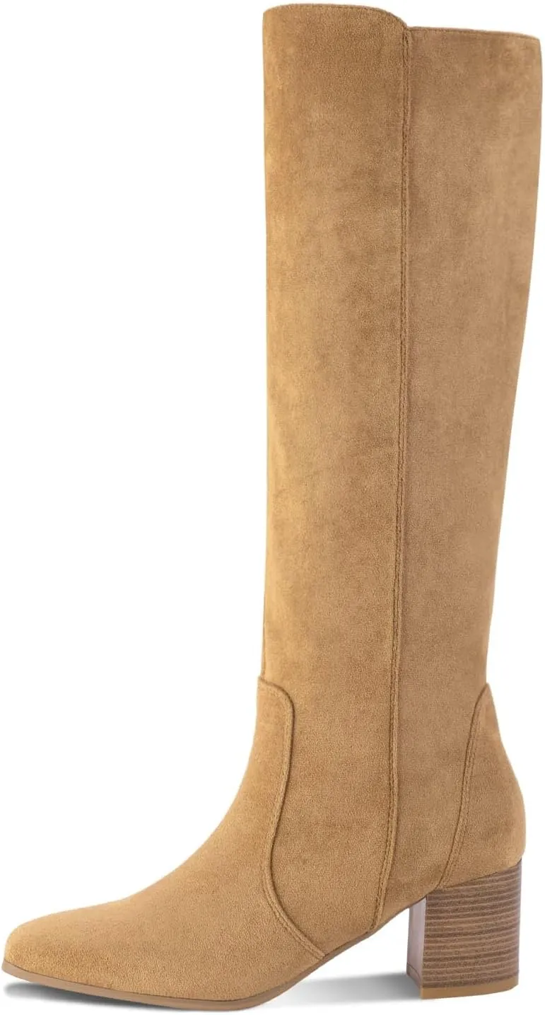 Shoe'N Tale Women's Knee High Boots Square Toe Tall Boots Mid Chunky Block Heeled Boots Side Zipper