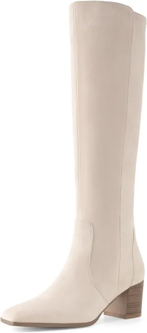 Shoe'N Tale Women's Knee High Boots Square Toe Tall Boots Mid Chunky Block Heeled Boots Side Zipper