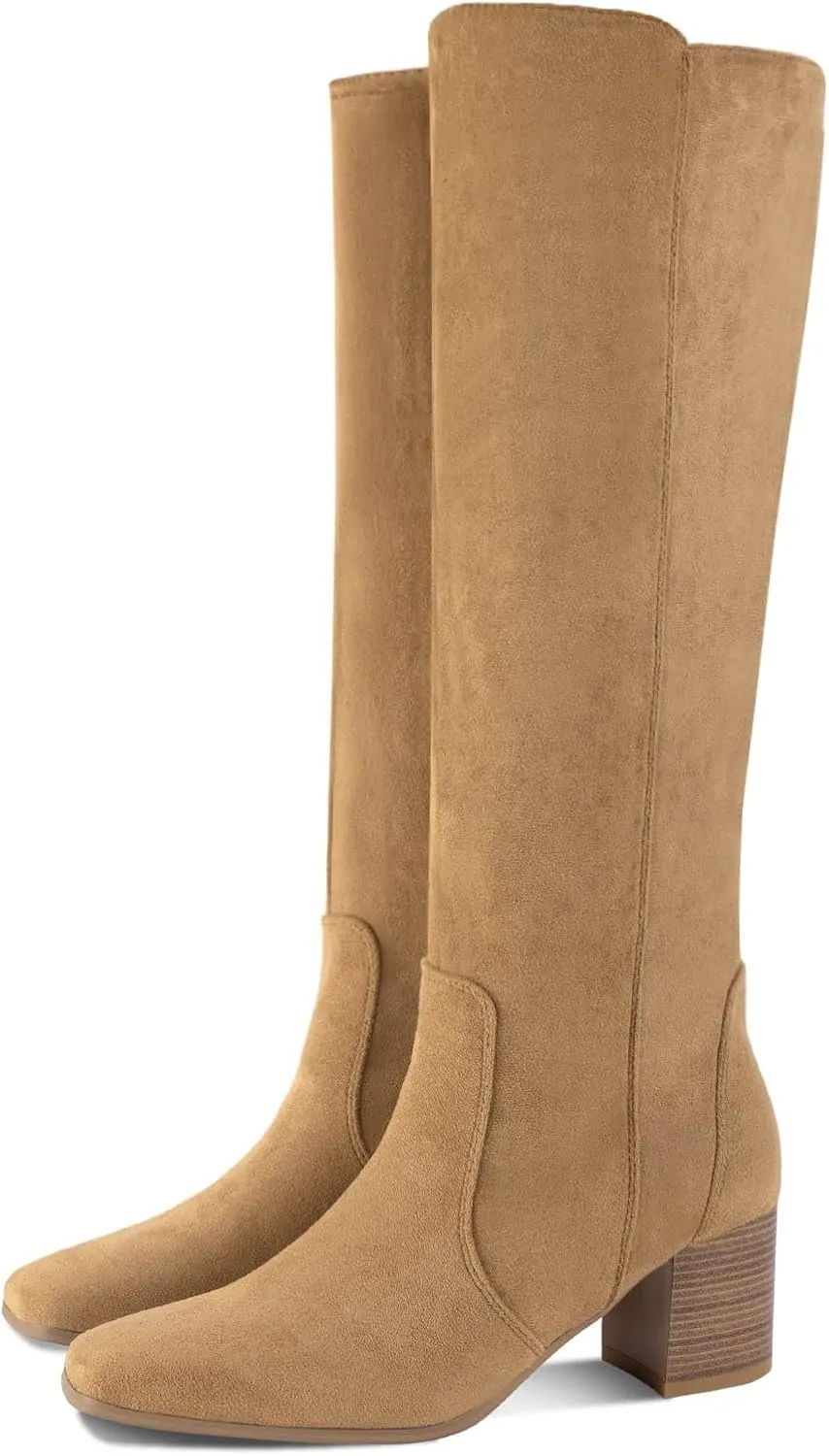 Shoe'N Tale Women's Knee High Boots Square Toe Tall Boots Mid Chunky Block Heeled Boots Side Zipper