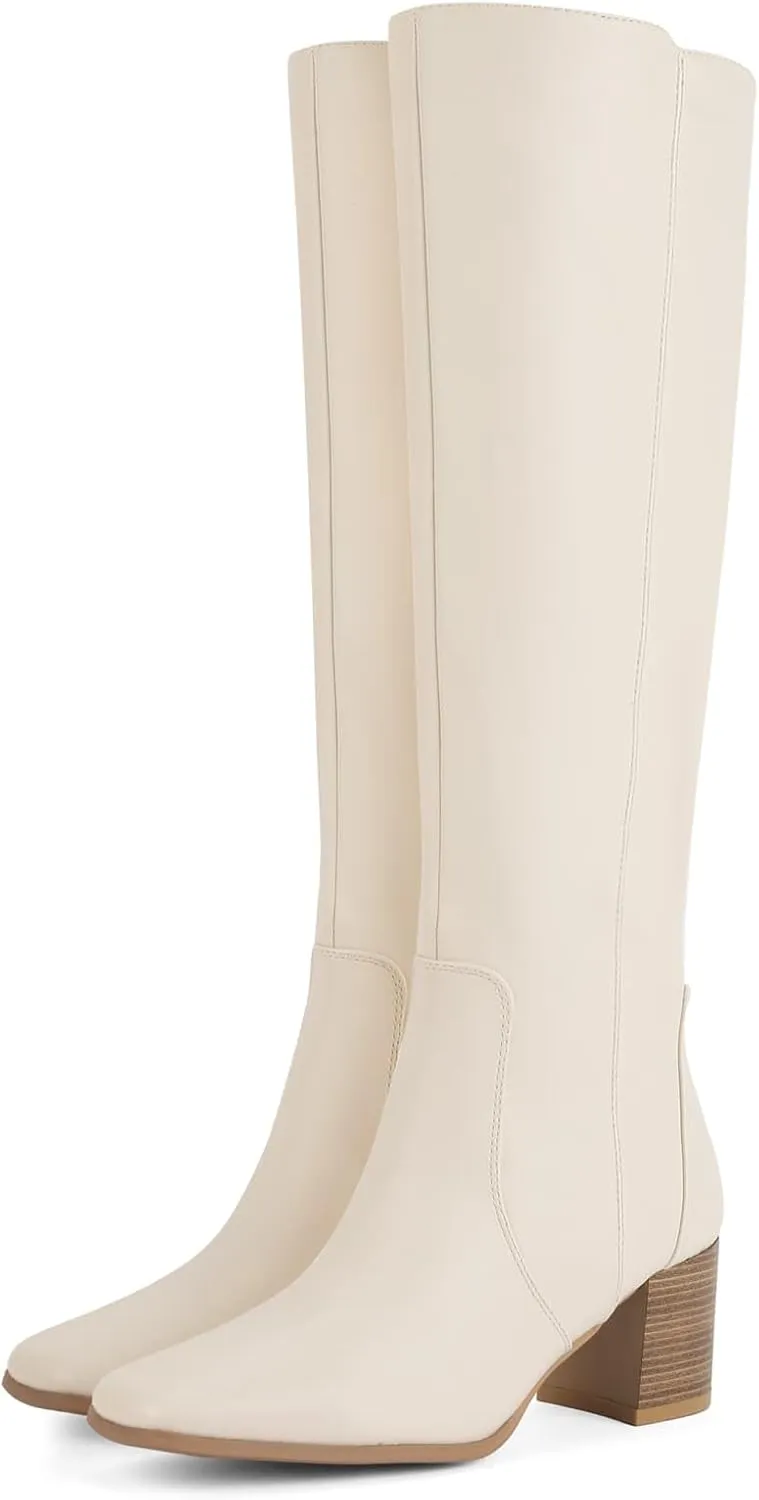 Shoe'N Tale Women's Knee High Boots Square Toe Tall Boots Mid Chunky Block Heeled Boots Side Zipper