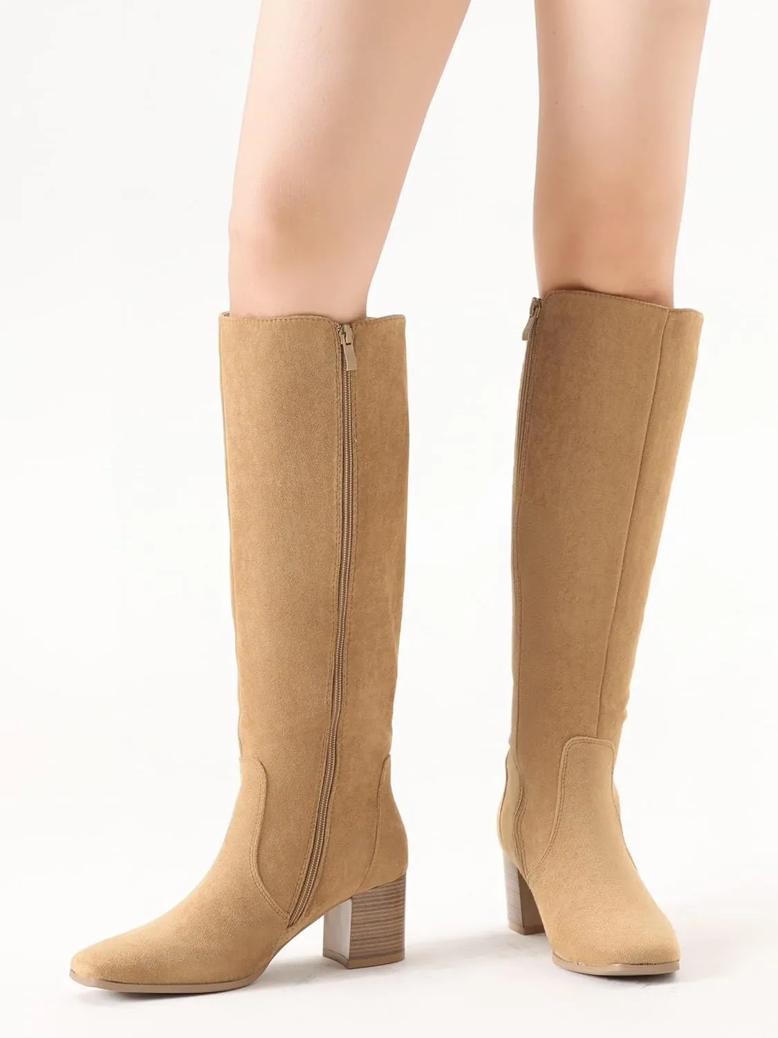 Shoe'N Tale Women's Knee High Boots Square Toe Tall Boots Mid Chunky Block Heeled Boots Side Zipper