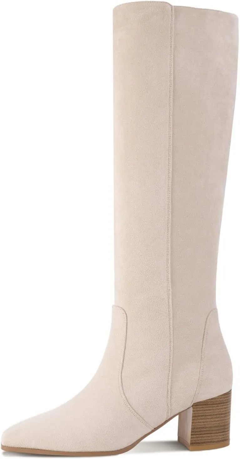Shoe'N Tale Women's Knee High Boots Square Toe Tall Boots Mid Chunky Block Heeled Boots Side Zipper