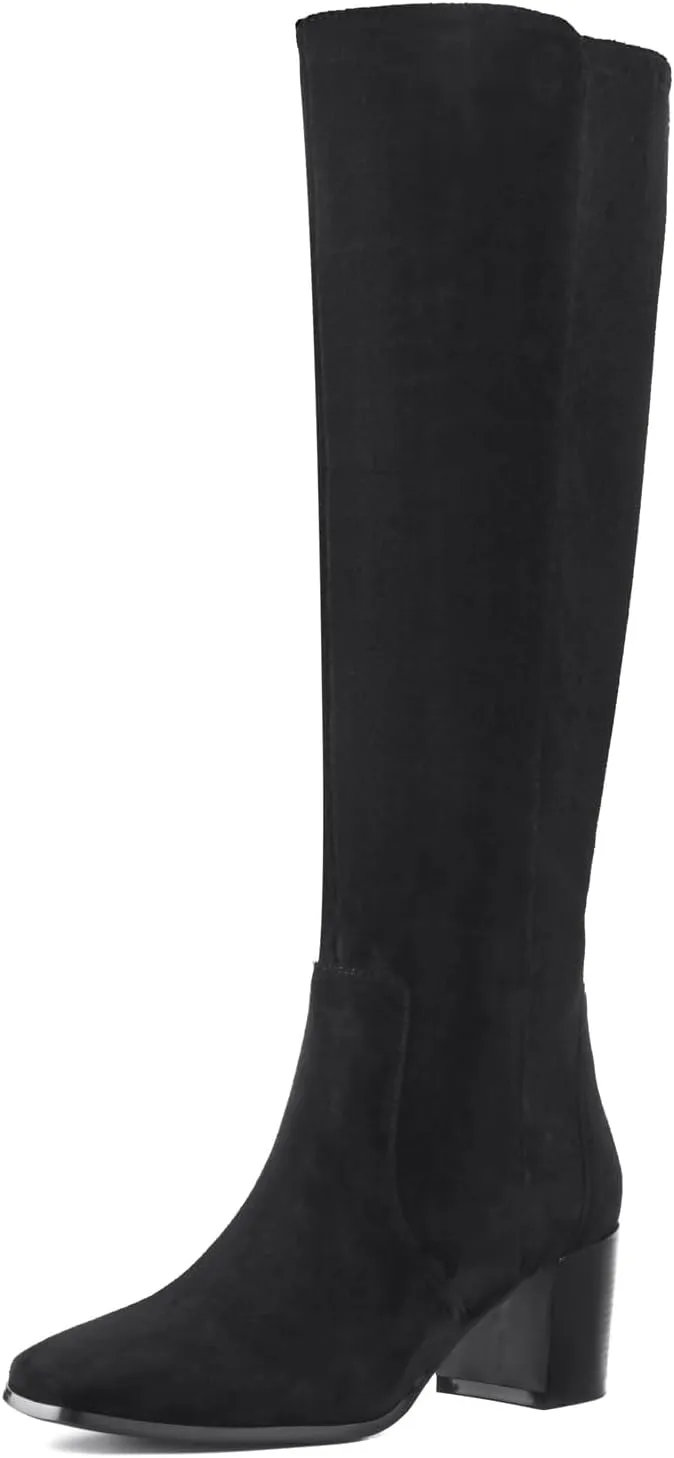 Shoe'N Tale Women's Knee High Boots Square Toe Tall Boots Mid Chunky Block Heeled Boots Side Zipper