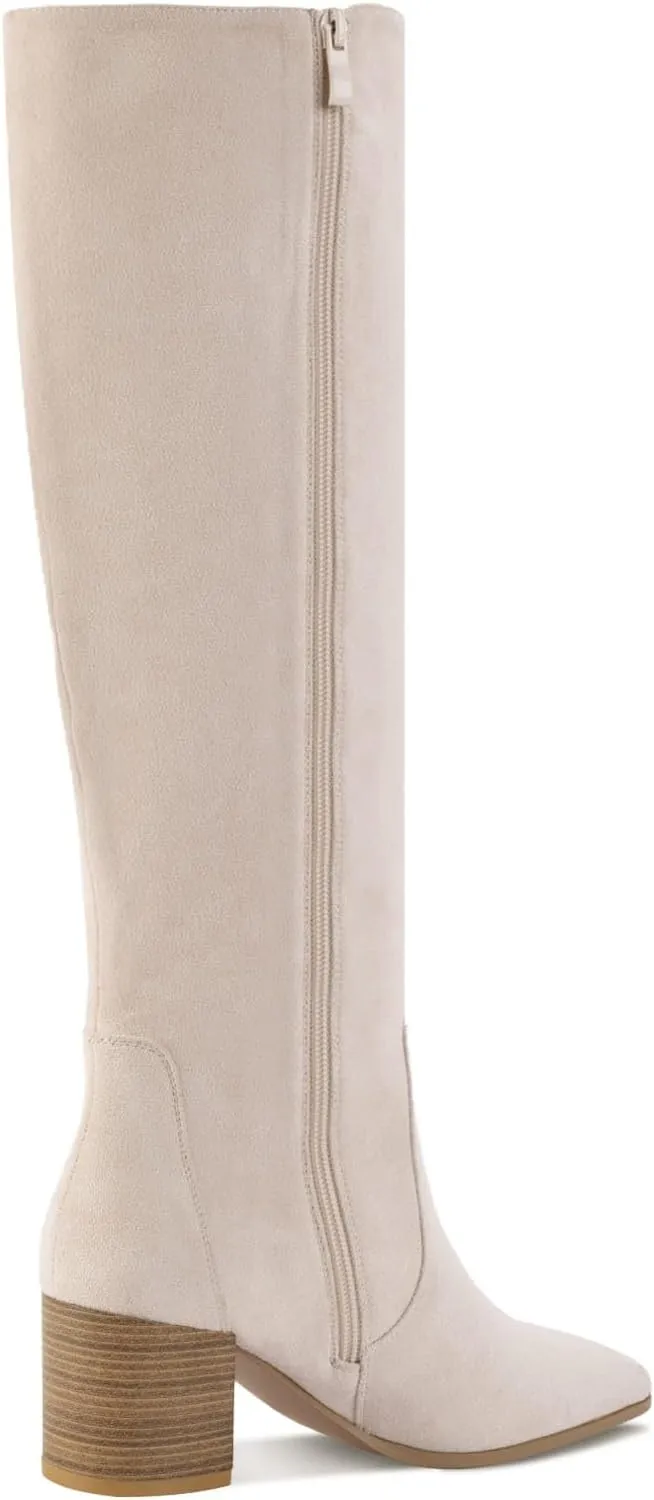 Shoe'N Tale Women's Knee High Boots Square Toe Tall Boots Mid Chunky Block Heeled Boots Side Zipper