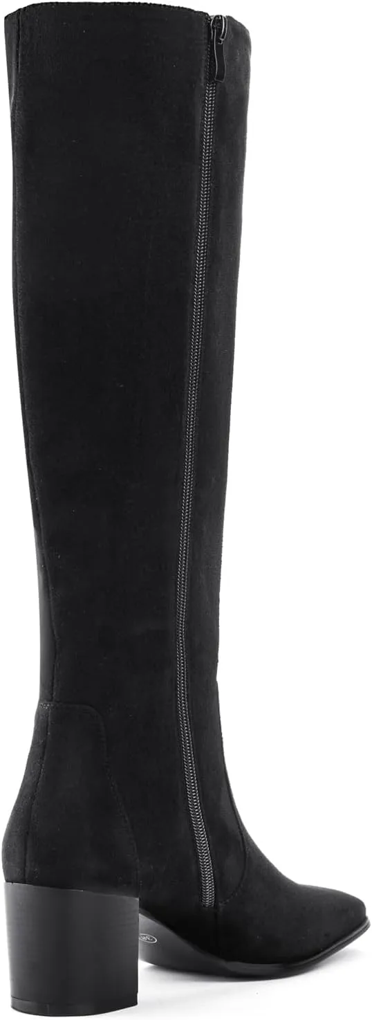 Shoe'N Tale Women's Knee High Boots Square Toe Tall Boots Mid Chunky Block Heeled Boots Side Zipper