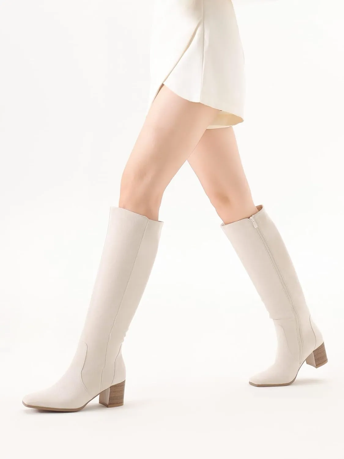 Shoe'N Tale Women's Knee High Boots Square Toe Tall Boots Mid Chunky Block Heeled Boots Side Zipper
