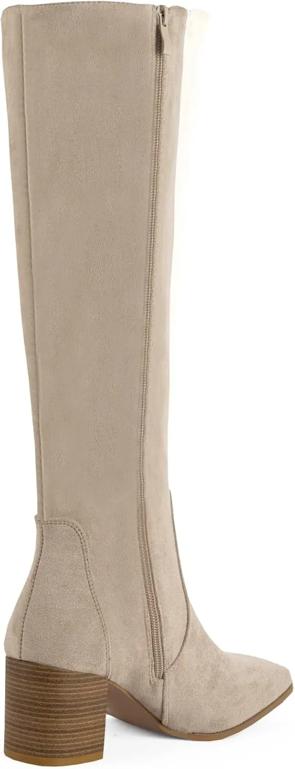 Shoe'N Tale Women's Knee High Boots Square Toe Tall Boots Mid Chunky Block Heeled Boots Side Zipper
