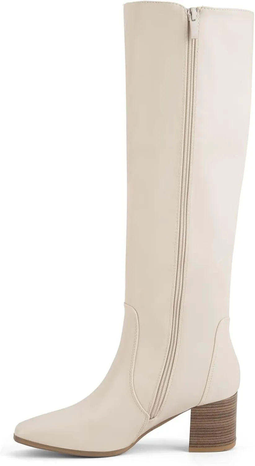Shoe'N Tale Women's Knee High Boots Square Toe Tall Boots Mid Chunky Block Heeled Boots Side Zipper