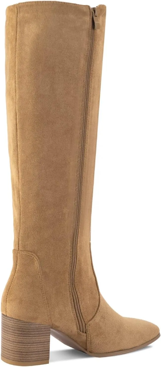 Shoe'N Tale Women's Knee High Boots Square Toe Tall Boots Mid Chunky Block Heeled Boots Side Zipper