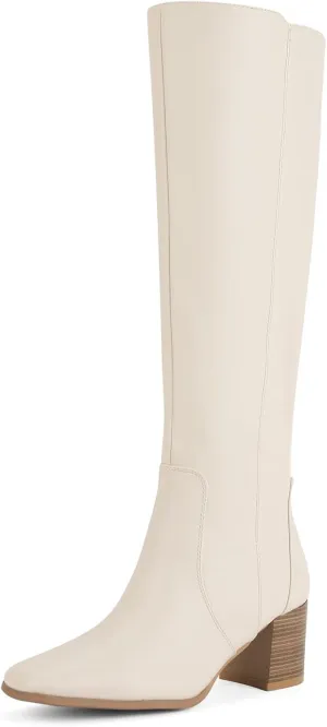 Shoe'N Tale Women's Knee High Boots Square Toe Tall Boots Mid Chunky Block Heeled Boots Side Zipper
