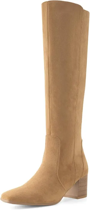 Shoe'N Tale Women's Knee High Boots Square Toe Tall Boots Mid Chunky Block Heeled Boots Side Zipper