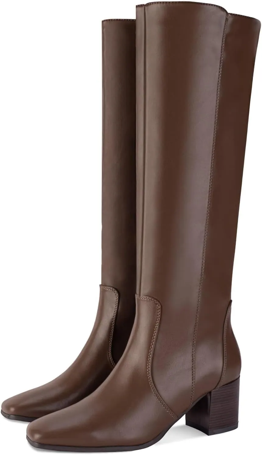 Shoe'N Tale Women's Knee High Boots Square Toe Tall Boots Mid Chunky Block Heeled Boots Side Zipper