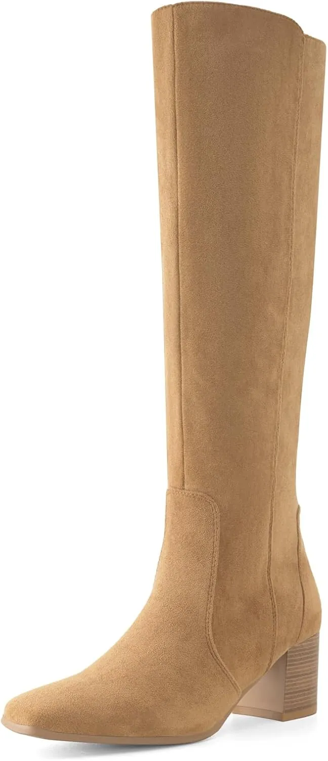 Shoe'N Tale Women's Knee High Boots Square Toe Tall Boots Mid Chunky Block Heeled Boots Side Zipper