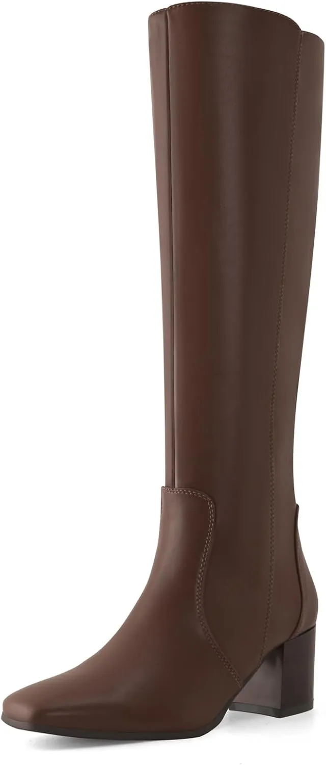 Shoe'N Tale Women's Knee High Boots Square Toe Tall Boots Mid Chunky Block Heeled Boots Side Zipper