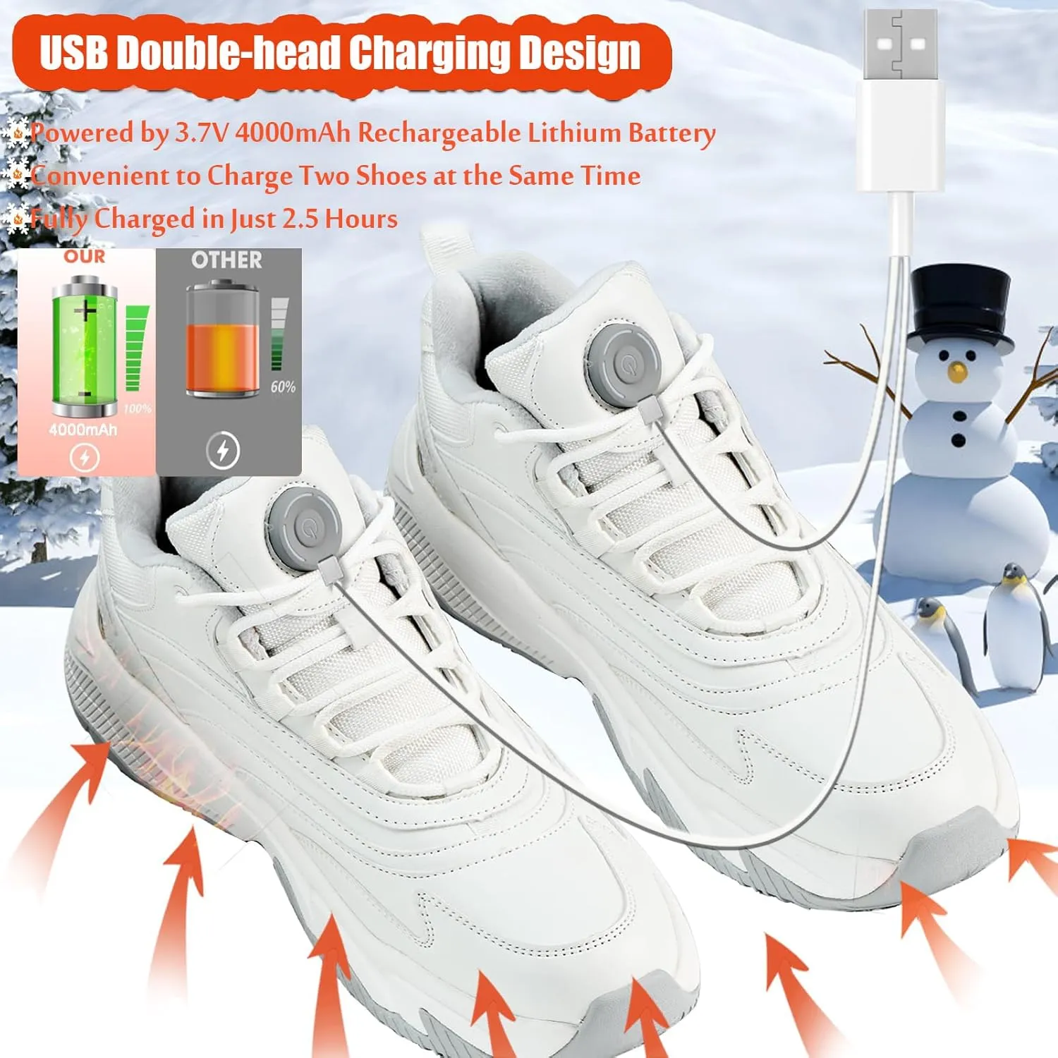 Sneakers Heated Electric, Heated Shoes Foot Warmer Rechargeable for Men and Women, 4000mAh Battery Max 20H Heated, Washable Winter Heated Snow Boots Warm