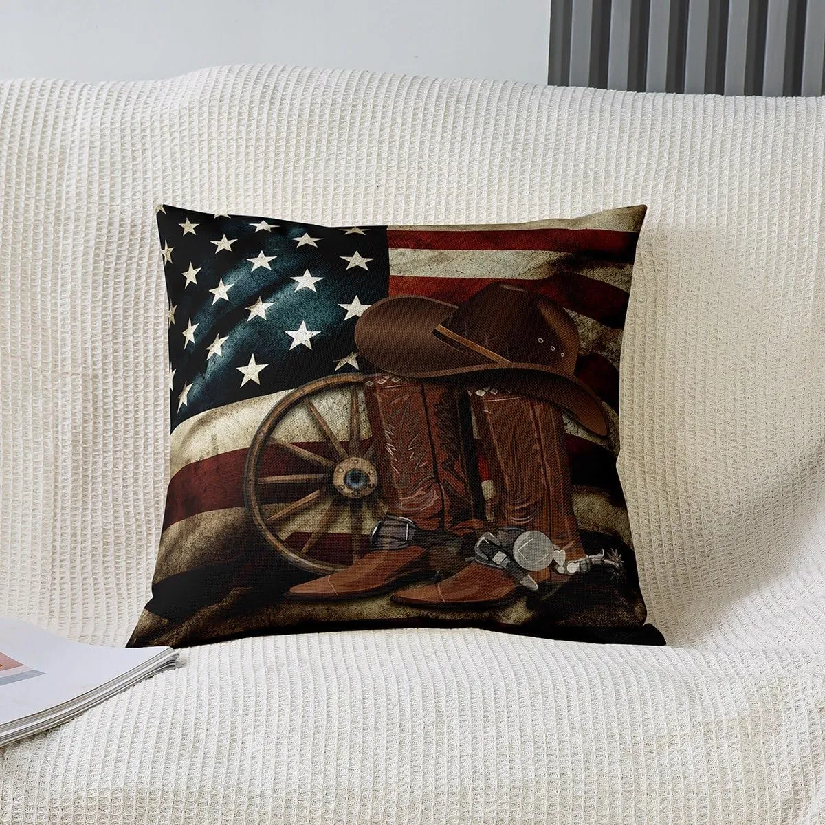 Southwest Cowboy Pillow Cover 20x20 Inch Set of 2 Retro Brown Boots Hat Cushion Case for Office Bedroom Old Style American Flag Square Pillow Case for Sofa Couch