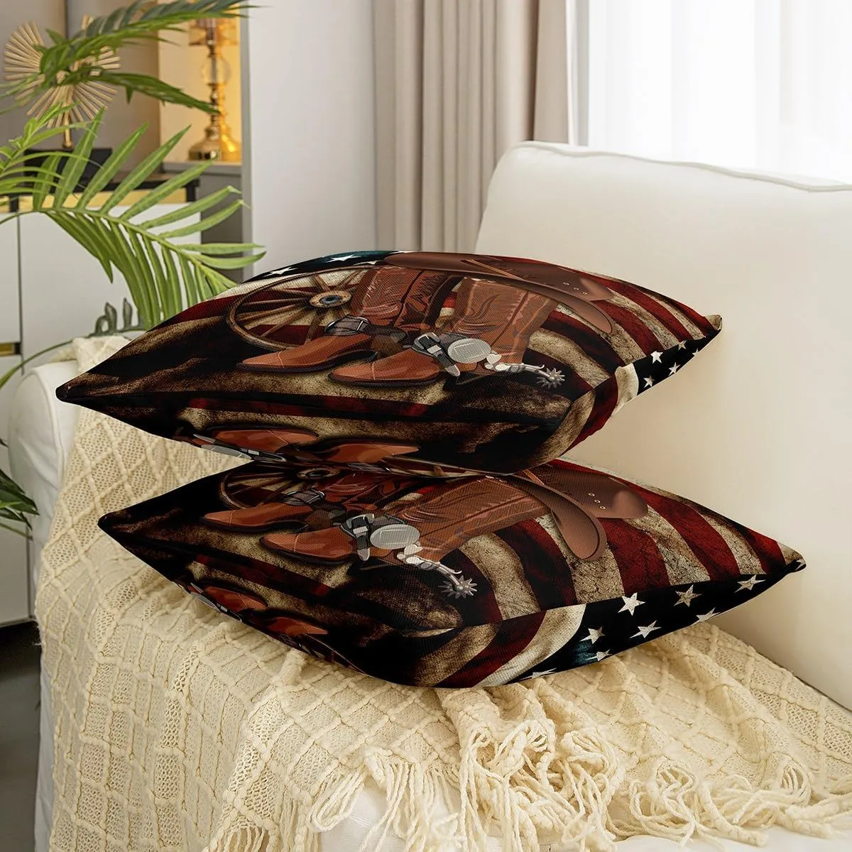 Southwest Cowboy Pillow Cover 20x20 Inch Set of 2 Retro Brown Boots Hat Cushion Case for Office Bedroom Old Style American Flag Square Pillow Case for Sofa Couch