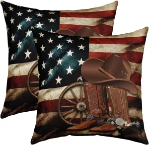 Southwest Cowboy Pillow Cover 20x20 Inch Set of 2 Retro Brown Boots Hat Cushion Case for Office Bedroom Old Style American Flag Square Pillow Case for Sofa Couch