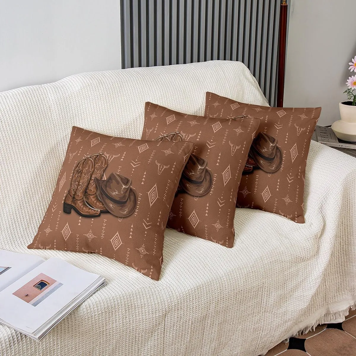 Southwest Cowboy Pillow Cover Pack of 2 Retro Brown Boots Hat Cushion Case for Office Bedroom Boho Style Exotic Geometry Square Pillow Case for Sofa Couch 20x20 Inch