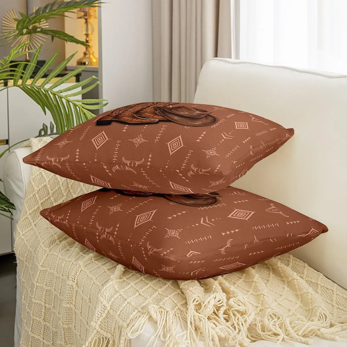 Southwest Cowboy Pillow Cover Pack of 2 Retro Brown Boots Hat Cushion Case for Office Bedroom Boho Style Exotic Geometry Square Pillow Case for Sofa Couch 20x20 Inch