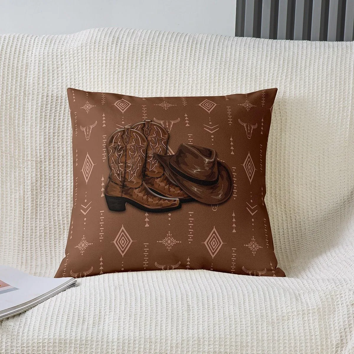 Southwest Cowboy Pillow Cover Pack of 2 Retro Brown Boots Hat Cushion Case for Office Bedroom Boho Style Exotic Geometry Square Pillow Case for Sofa Couch 20x20 Inch