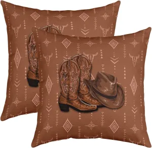 Southwest Cowboy Pillow Cover Pack of 2 Retro Brown Boots Hat Cushion Case for Office Bedroom Boho Style Exotic Geometry Square Pillow Case for Sofa Couch 20x20 Inch
