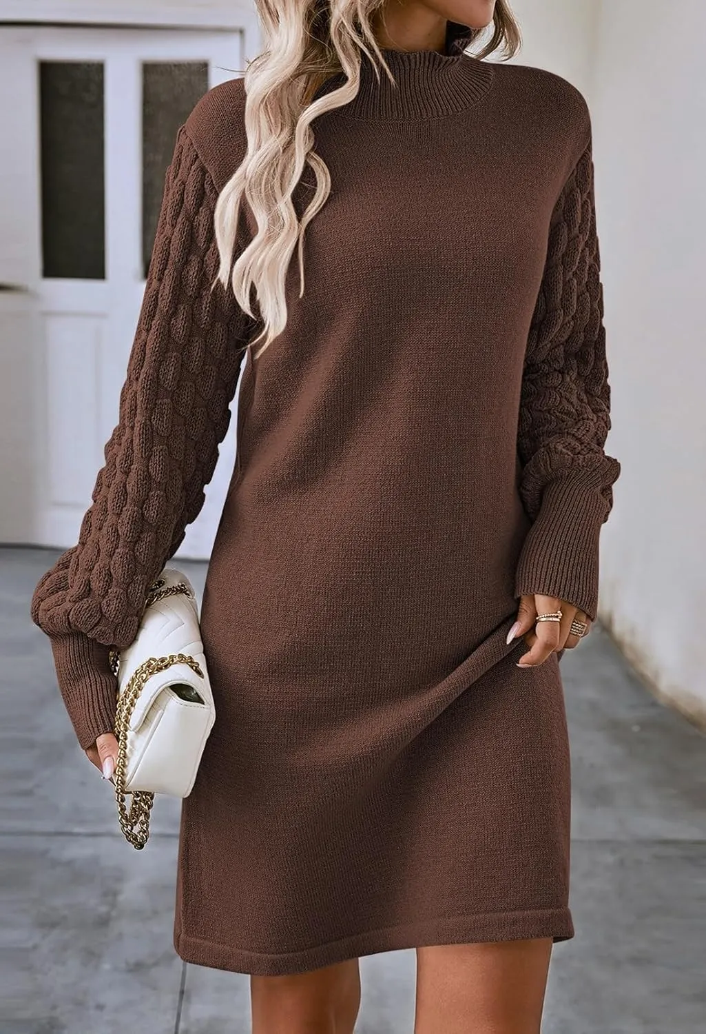 Sovoyontee Women's 2024 Fall Long Sleeve Mock Neck Sweater Dress Casual Loose Ribbed Knit Mini Short Pullover Dresses