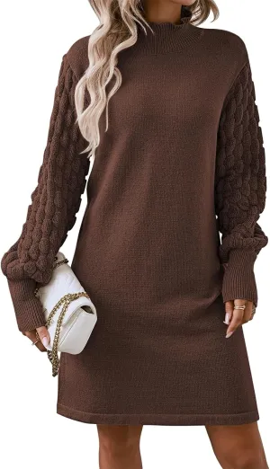 Sovoyontee Women's 2024 Fall Long Sleeve Mock Neck Sweater Dress Casual Loose Ribbed Knit Mini Short Pullover Dresses